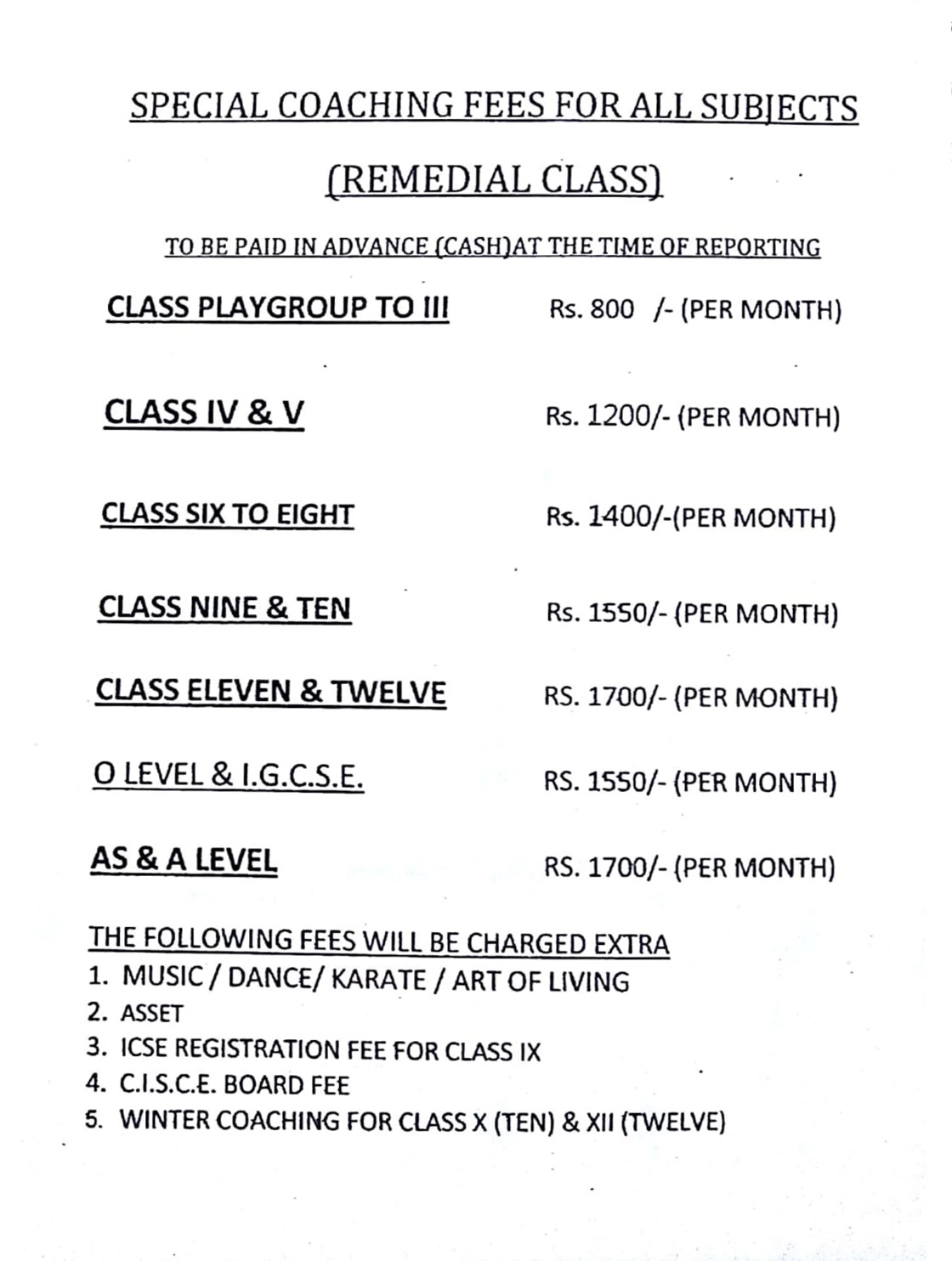 FEE SCHEDULE FOR BOARDERS Himali Boarding School
